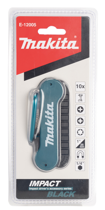 Förpackning med Makita-bitsats E-12005 innehållande 10 delar med blått fodral och metallklämma.