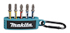 Bitsats med fem olika färgmärkta bits i en blå hållare med Makita-logotyp och en fastsatt karbinhake.