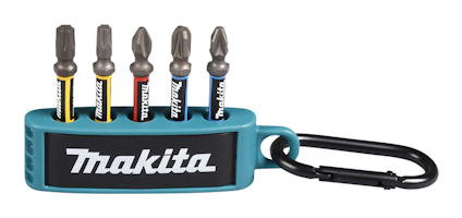 Bitsats med fem olika färgmärkta bits i en blå hållare med Makita-logotyp och en fastsatt karbinhake.