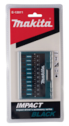 Förpackning med Makita-bitssats, 10 delar, svart, med texten "E-12011 Impact Driver's Accessory Series".