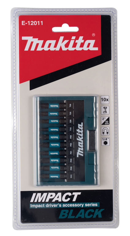 Förpackning med Makita-bitssats, 10 delar, svart, med texten "E-12011 Impact Driver's Accessory Series".