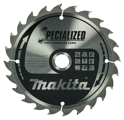 Rund sågklinga i metall med texten "Specialized for Cordless Saws" och "Makita". Tryckt grafik och symboler synliga.