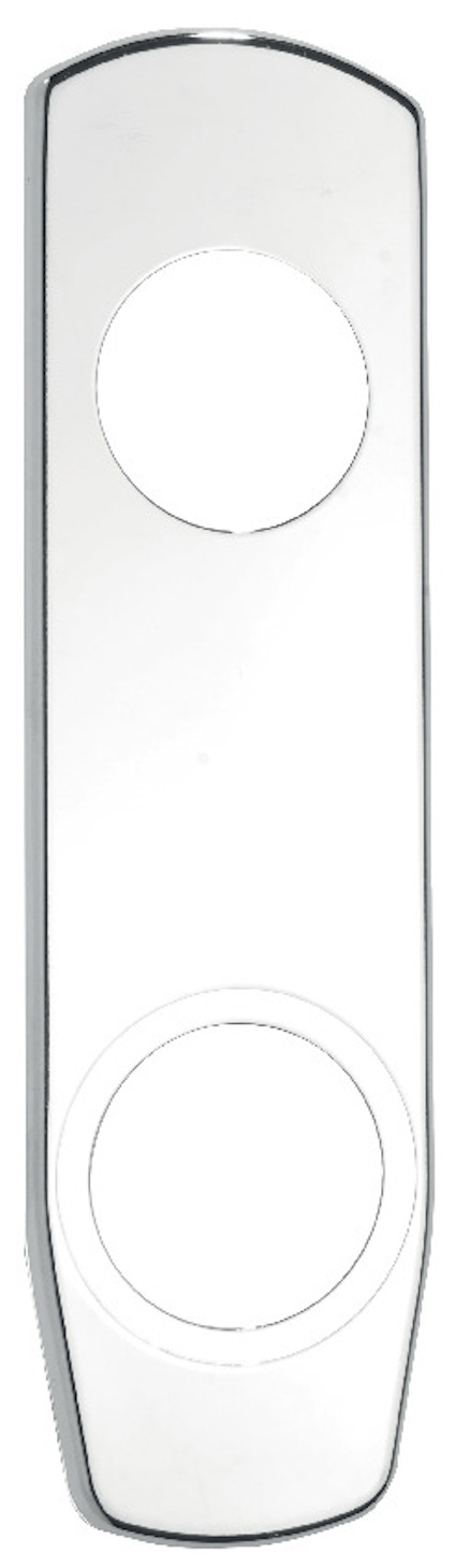 Rektangulär täckskylt i metall med två cirkulära utskärningar. Spegelblank yta.