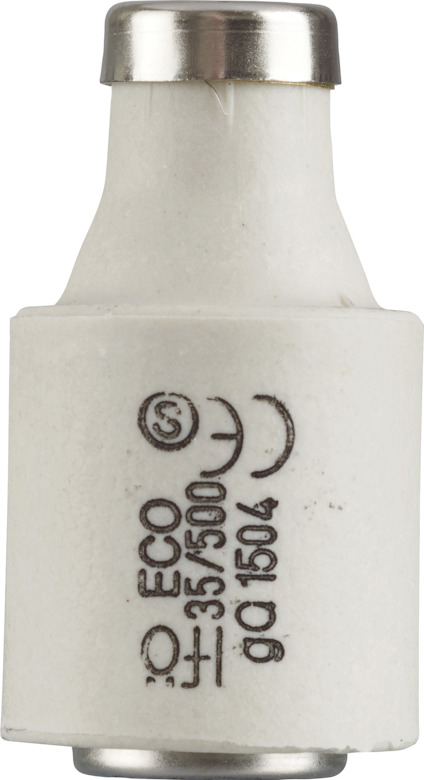 Vit DIAZED-säkring med metalländar och svart text som anger "ECO 35A 500V gG 1504".