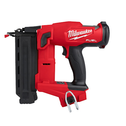 Röd dyckertpistol med svart handtag och magasin. Text "Milwaukee Fuel" syns på verktyget.