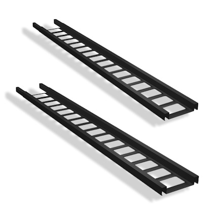 Svarta snörasskydd i metall, designade som två parallella slitsade sektioner.