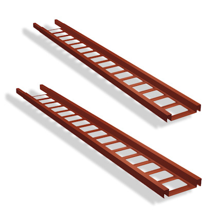 Två tegelröda metallstänger med rektangulära hål, placerade diagonalt och parallellt mot en vit bakgrund.