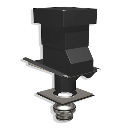 Svart, rektangulär ventilationshuv med fyrkantig bas och rund anslutning på vit bakgrund.