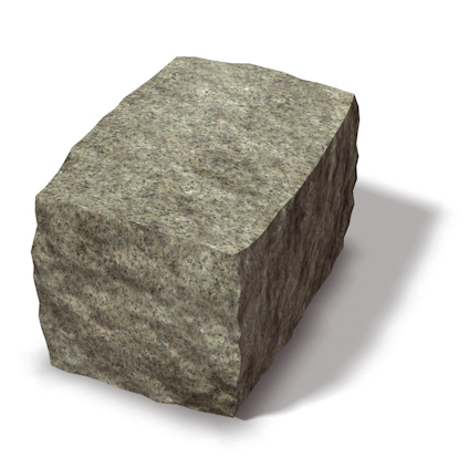 Rektangulär sten med ojämna ytor och grågrön färg. Skuggan syns på höger sida.