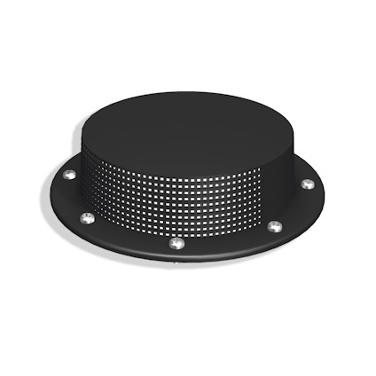Ventilationshuv i svart metall med perforerad sida och monteringsskruvar runt kanten.