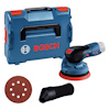 Blå excenterslipmaskin, väska och slippapper av märket Bosch.