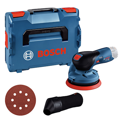 Blå excenterslipmaskin, väska och slippapper av märket Bosch.