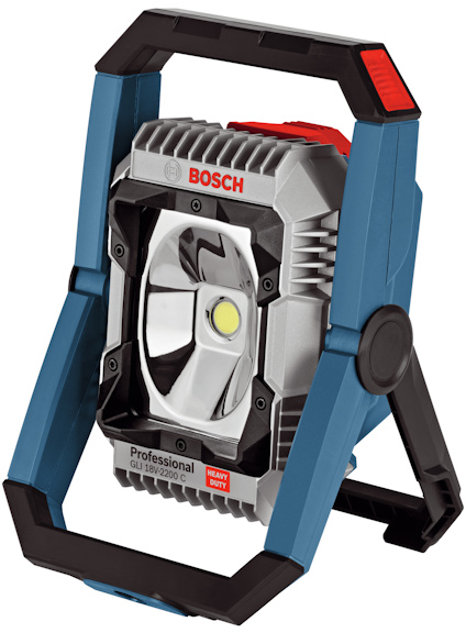 Arbetslampa i blå och silver med handtag, märkt "Bosch Professional" och "Heavy Duty".