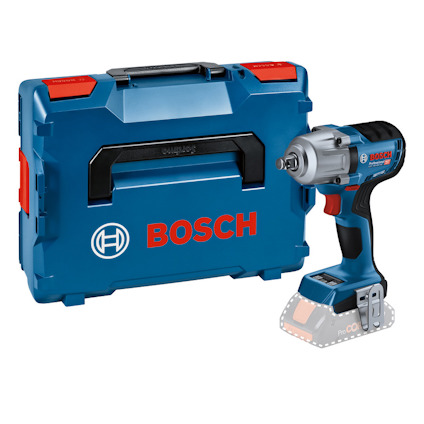 Blå och röd mutterdragare med grå detaljer, placerad bredvid en blå verktygslåda med Bosch-logotyp.