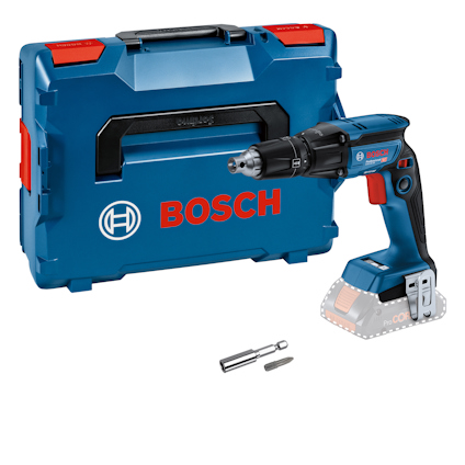 Blå gipsskruvdragare med väska och tillbehör av märket Bosch.