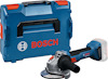 Batteridriven vinkelslip med blå och röd förvaringslåda märkt "BOSCH".