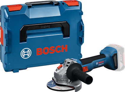 Batteridriven vinkelslip med blå och röd förvaringslåda märkt "BOSCH".