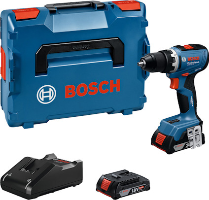 Skruvdragare med batteri och laddare framför en blå och röd verktygslåda märkt "Bosch".