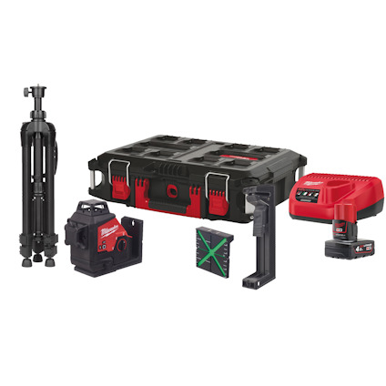 Laserset med stativ, laserinstrument, laddare, batteri och förvaringsväska.