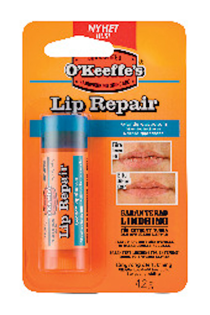 Förpackning av O'Keeffe's Lip Repair Cooling med läppbalsam och före/efter-bild. Text på svenska och finska.