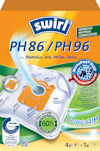 Förpackning för Swirl dammsugarpåsar PH86/PH96 med text om materialkomposition och allergenfilter.