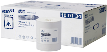 Vit pappersrulle framför en kartong med Tork-logotyp och texten "Wiper 415 Centerfeed Roll M2 System".