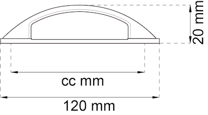 Illustration av en halvcirkelformad handtagsskiss med mått: 120 mm bredd och 20 mm höjd.