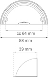 Ritteckning av ett halvcirkelformat handtag med mått: cc 64 mm, 88 mm bredd, 39 mm djupt.