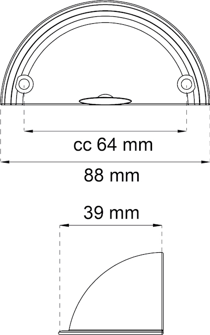 Ritteckning av ett halvcirkelformat handtag med mått: cc 64 mm, 88 mm bredd, 39 mm djupt.
