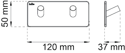 Rektangulär platta med två cylindriska utsprång, 120x50x37 mm, logotyp uppe till vänster.