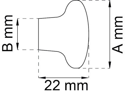 Diagram över ett knapphandtag med bredd 22 mm, höjd A mm och längd B mm.