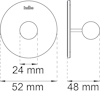 Ritning av en rund krok med måtten 52 mm diameter, 24 mm djup, och 48 mm från vägg. Text: "habo".