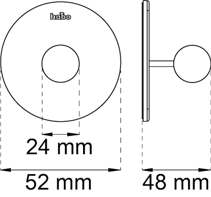 Ritning av en rund krok med måtten 52 mm diameter, 24 mm djup, och 48 mm från vägg. Text: "habo".