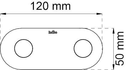 Oval platta med måtten 120 mm x 50 mm. Central texten "habo".