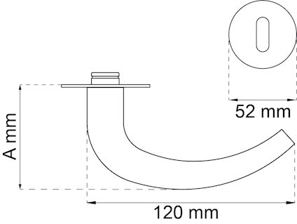 Teknisk ritning av krökt rör med mått: 120 mm längd, 52 mm diameter och höjden märkts "A mm".