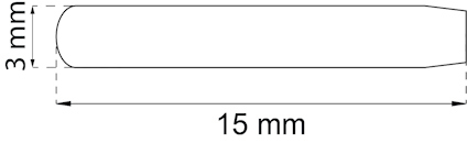 Ritning av en rund stav, 15 mm lång och 3 mm bred, med avfasad ände.
