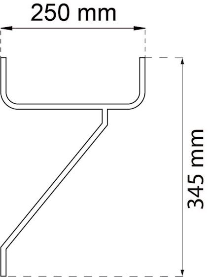 Teknisk ritning av ett metallprofil med måtten 250 mm bredd och 345 mm höjd.