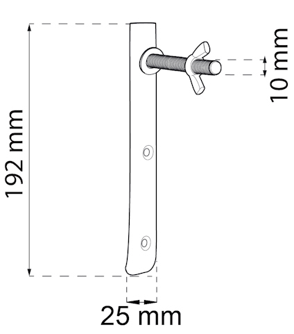 Ritning av en metallstång med två hål och en vingmutter. Måtten är 192 mm höjd och 25 mm bredd, vingmutterutstick 10 mm.
