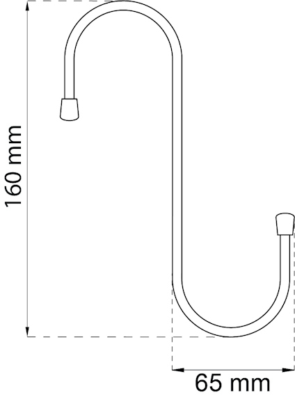 Ritning av en S-formad krok med måtten 160 mm hög och 65 mm bred.