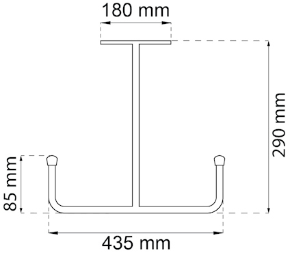 Ritning av metallkrok med mått: 180 mm, 290 mm, 85 mm och 435 mm.