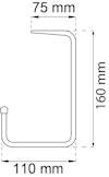 Skiss av metallkrok med dimensioner: 75 mm x 160 mm x 110 mm.
