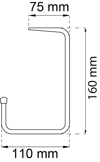 Skiss av metallkrok med dimensioner: 75 mm x 160 mm x 110 mm.