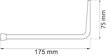 Teknisk ritning av en vinklad metallstång med måtten 175 mm i längd och 75 mm i höjd.