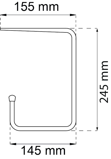 Skiss av krok med mått: 155 mm, 145 mm, och 245 mm.