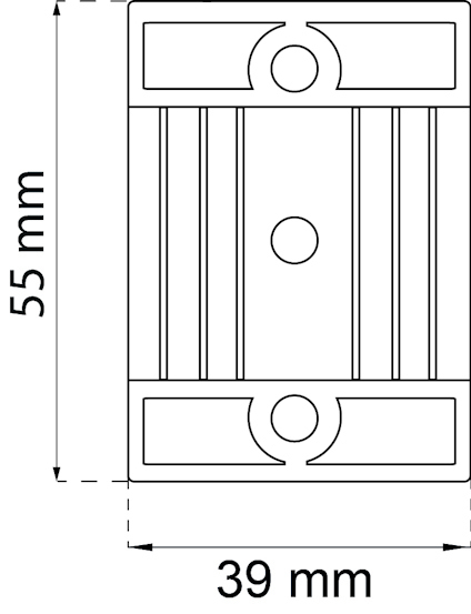 Diagram av rektangel med måtten 55 mm x 39 mm och tre cirklar inuti.