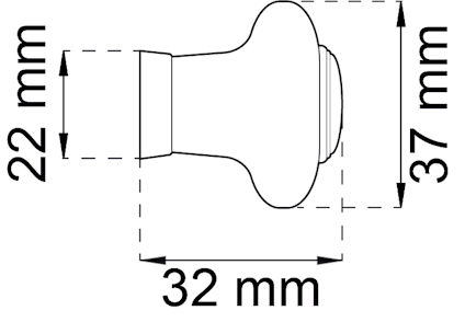 Knopp med måtten 22 mm diameter, 32 mm djup, och 37 mm bredd markerat med pilar.