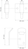 Diagram med måttangivelser för två metallfästen, ett vid 70x45 mm och ett vid 57x30 mm.