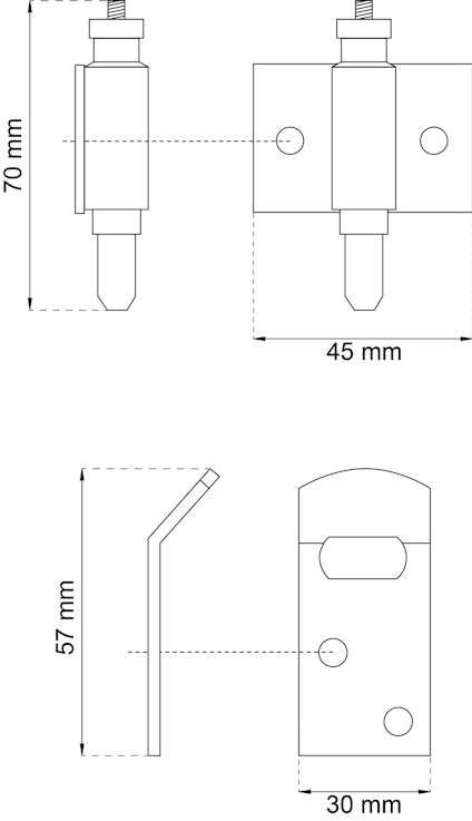 Diagram med måttangivelser för två metallfästen, ett vid 70x45 mm och ett vid 57x30 mm.