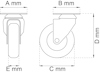 Diagram över en svängbar hjulritning med mått: A mm, B mm, C mm, D mm, E mm.