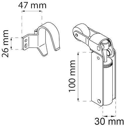 Ritning av en dörrstängare med måtten 47x26 mm och 100x30 mm markerade.